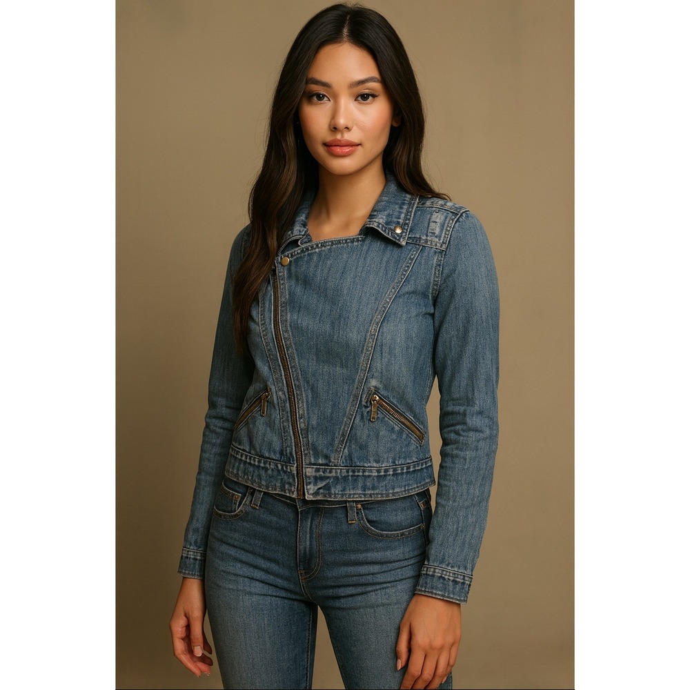Billabong Womens Denim Moto Jacket Distressed Blue Zipper Sleeve Retro Sz Medium
